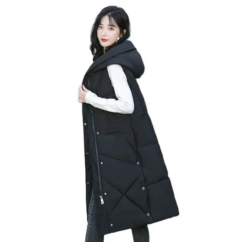 

2022 New Long Down Cotton Vest Coat Women Fashion Warm Sleeveless Parkas Hooded Women Winter Jacket Casual Female Waistcoat Vest