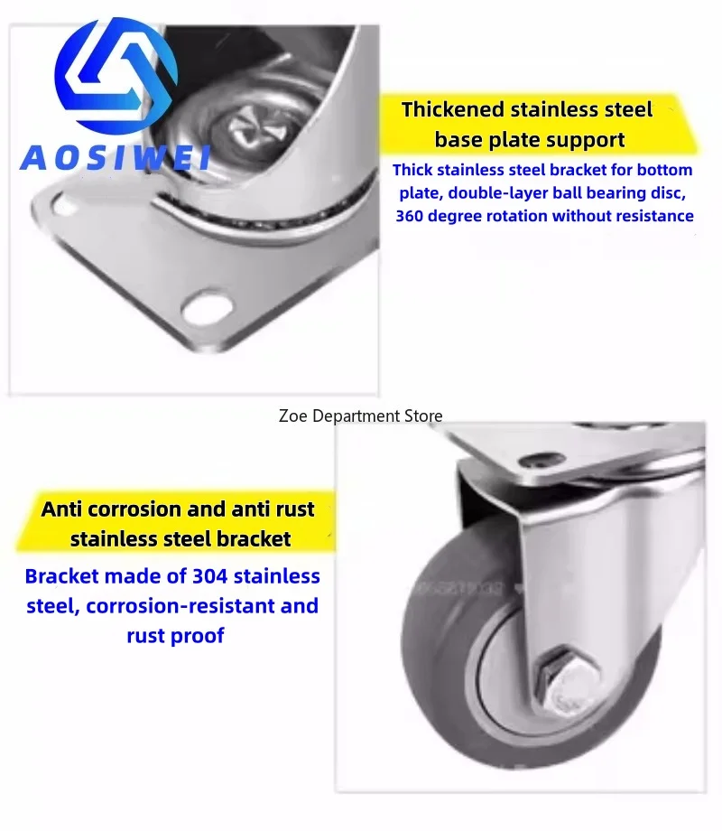 304 Stainless Steel Casters Wheels Soft Rubber Tread No Rust Medical Food Factory Silent Flat Push Caster Wheels 3 4 5 Inch