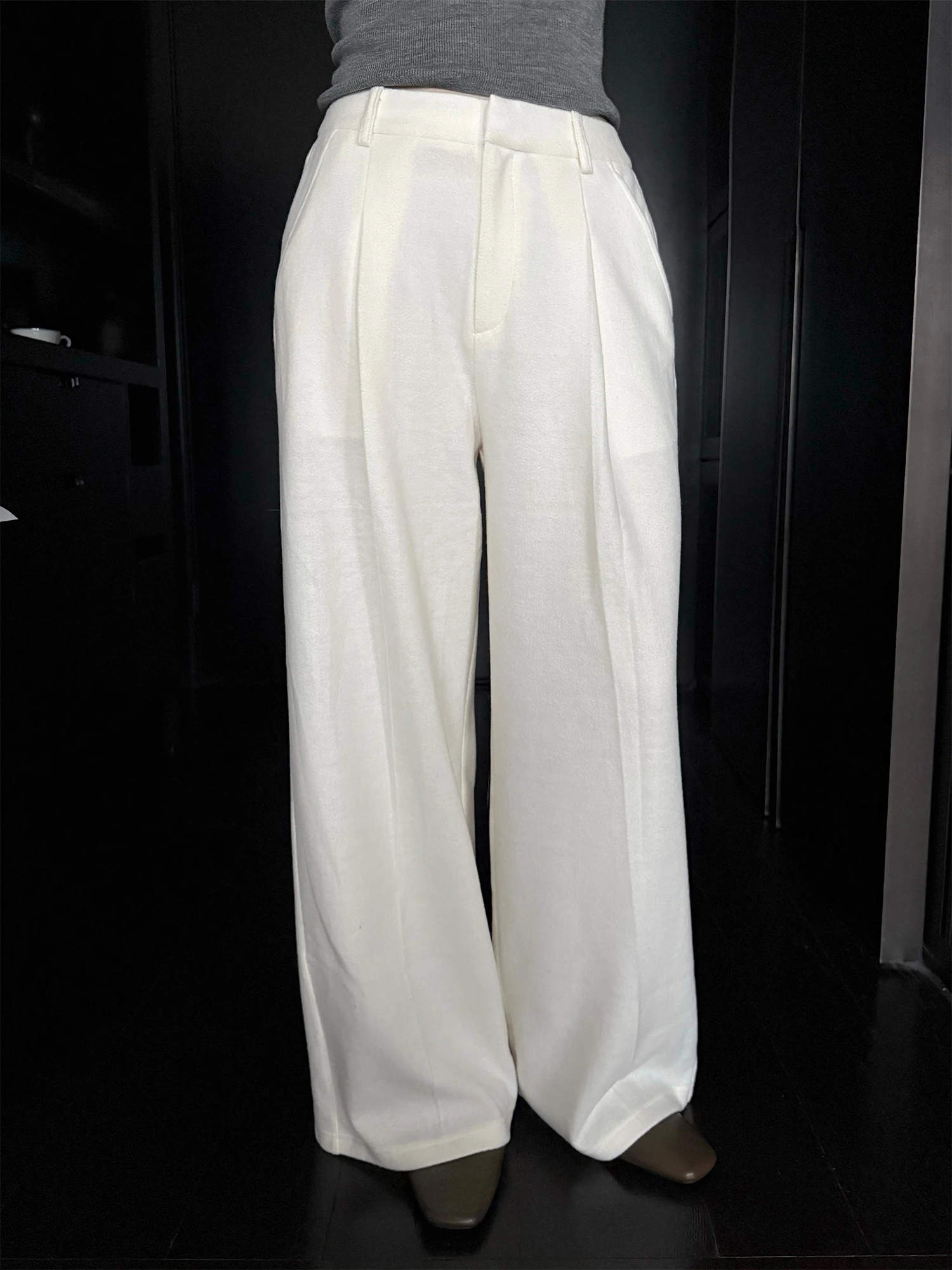 

ZhouMiao Knitted Wide Leg Suit Pants Loose Casual Versatile Women's Premium Faion Commute Sle Long Straight Tube Trousers