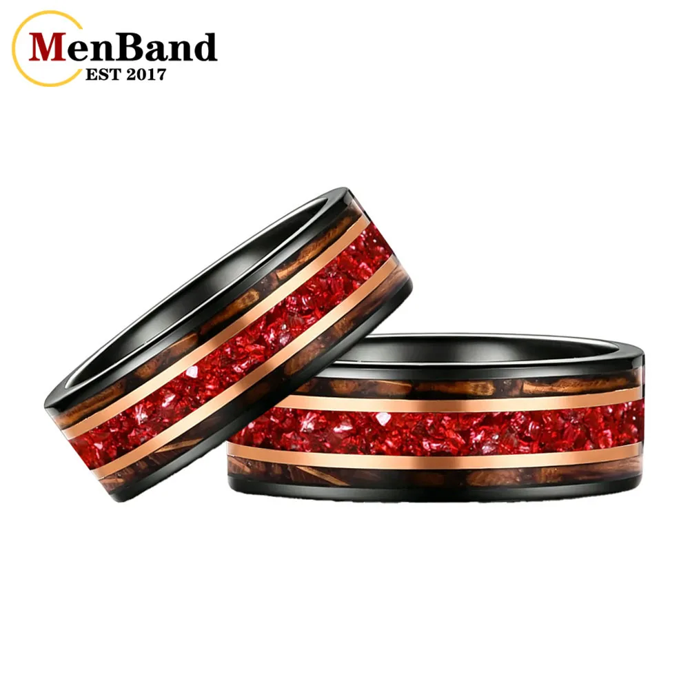 Men's 8mm Tungsten Ring for Men Dual Rose Gold Stripes Whiskey Barrel Wood & Red Glass Stone Inlay Anniversary Promise Ring