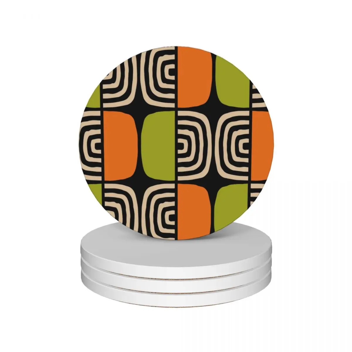 

Mid Century Modern Half Concentric Circle Pattern Black Orange Green and Beige Ceramic Coasters (Set of 4) tile Coasters