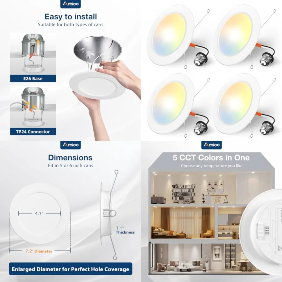 Recessed Lighting 5/, Pack 5CCT Flat LED Can Lights, 2700K/3000K/000K/5000K/6000K Selectable, 12W Eqv 120W, 1050LM Brightness,