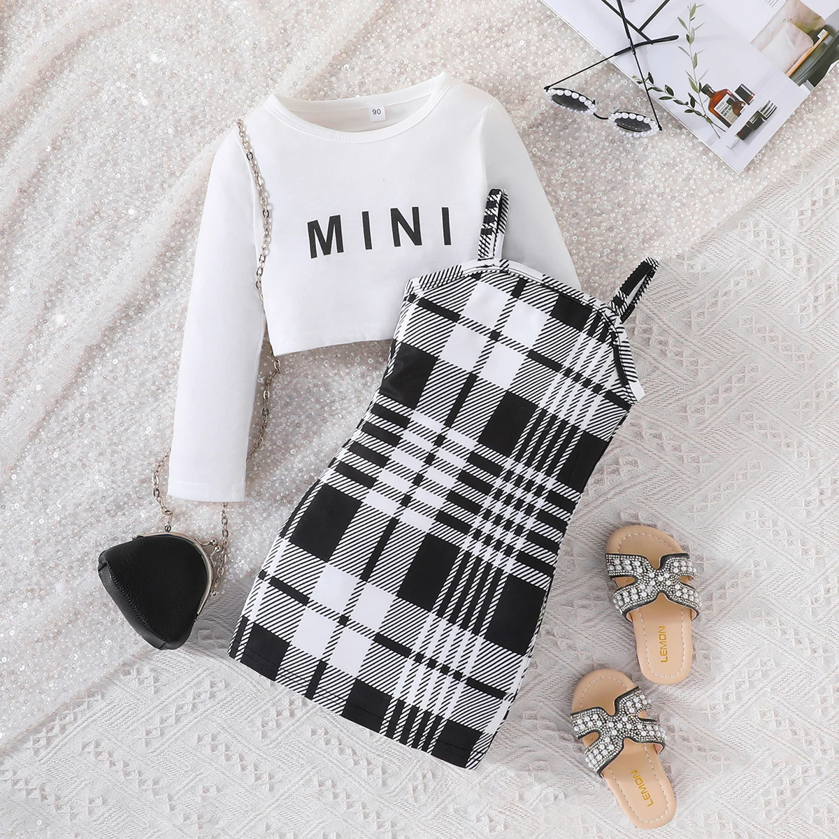 2Pcs Clothing Set For Kid Girl 2-7 Years old Long Sleeve Top Plaid Suspenders Skirt Princess Dresses Summer Outfit For Baby Girl