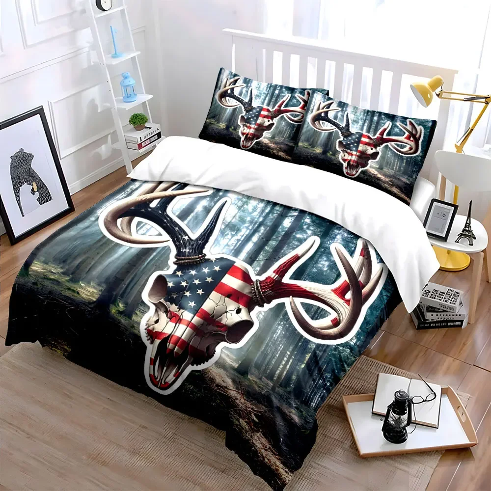 USA Flag Deer Skull Decor Set Soft Comfortable Duvet Cover Bedding Set Included 1*Duvet Cover & 2*Pillowcases, gift