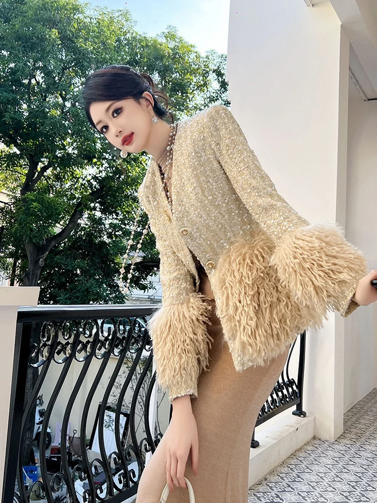 

2025 Winter Thiened Woolen Coat Women's Velvet Design Sense Small ence Glitter Top Luxury Sle Loose Fit Long Sve