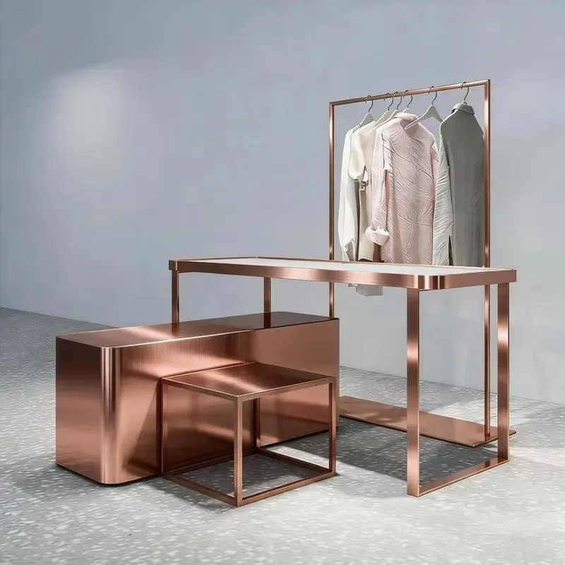 for Clothing store island display stand stainless steel rose gold clothing display rack women's clothing hanger boutique
