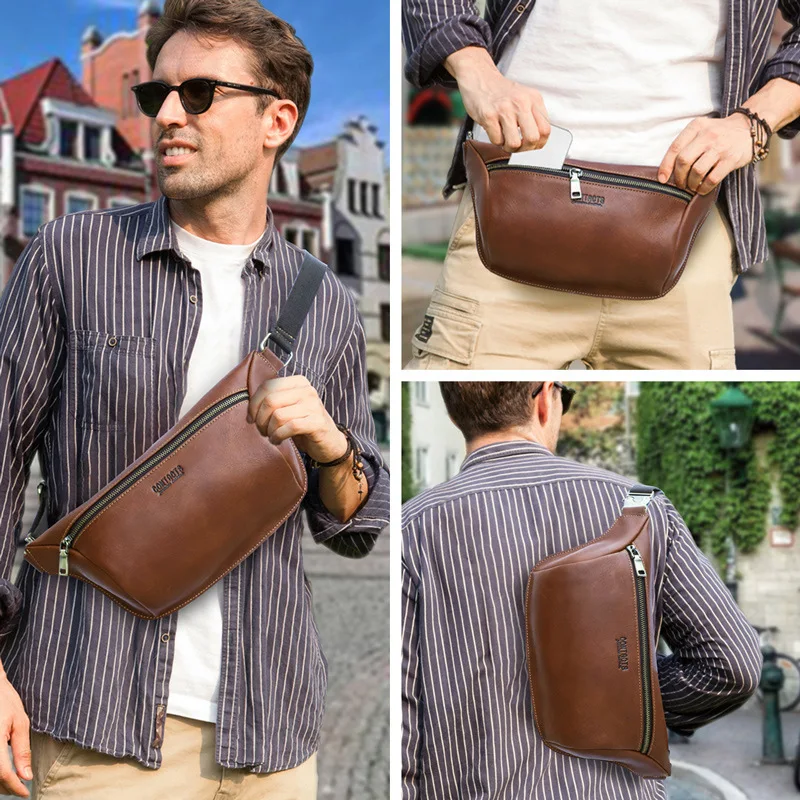 New Fashionable British Style Top Layer Cowhide Head Layer Cowhide Trend Multi Functional Genuine Leather Men's Phone Waist Bags