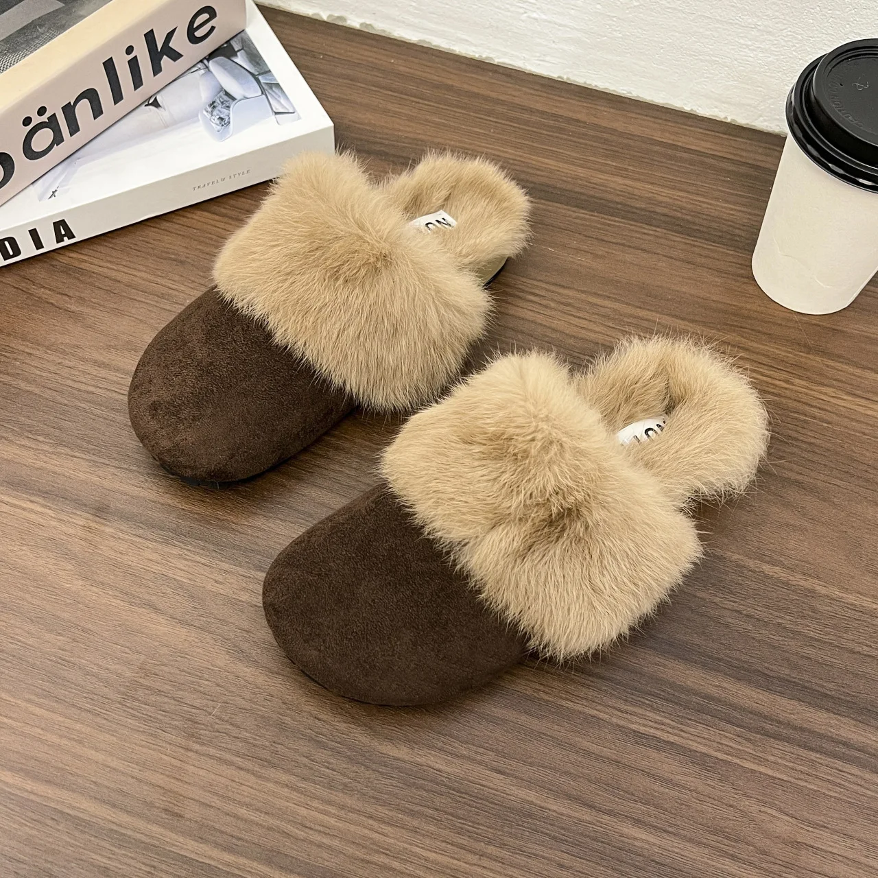 Fur Mules Women Shoes Closed Toe Slippers Comfortable Slip On Slides Shallow Flat Platform Mule Casual Zapatos Mujer Khaki Brown