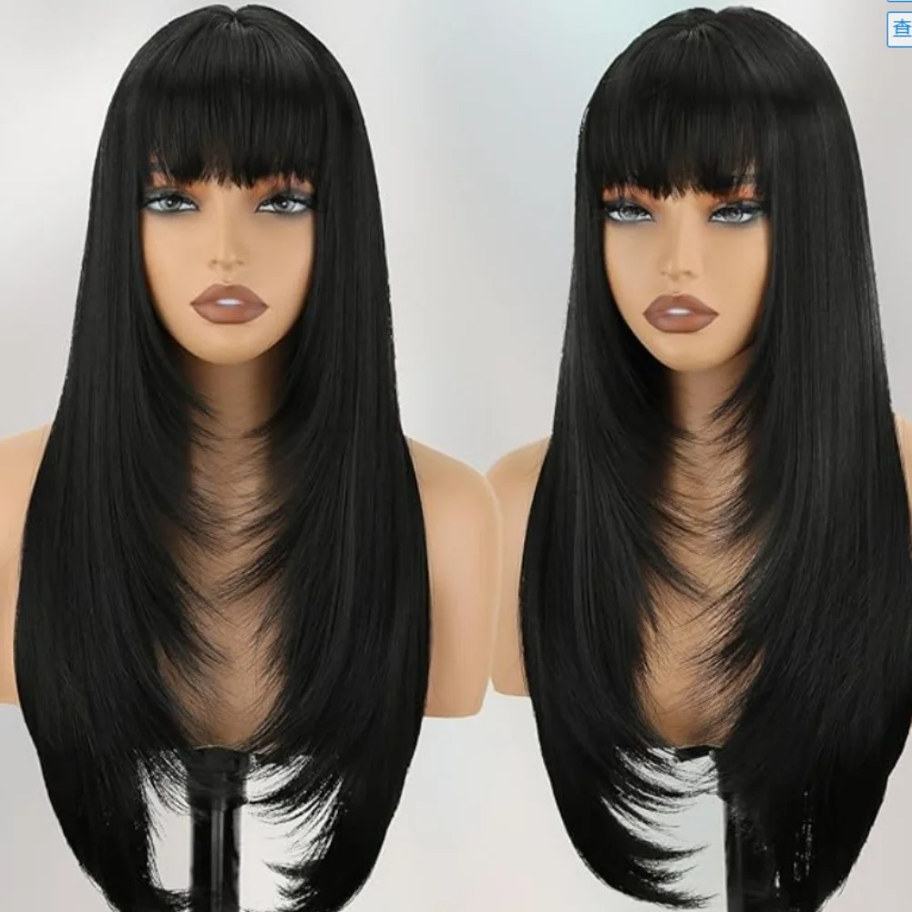 

Natural Looking Straight Synthetic with Bangs for Women Matte Fiber Heat Resistant Lace Cap 20 22 24 26 28 Inch