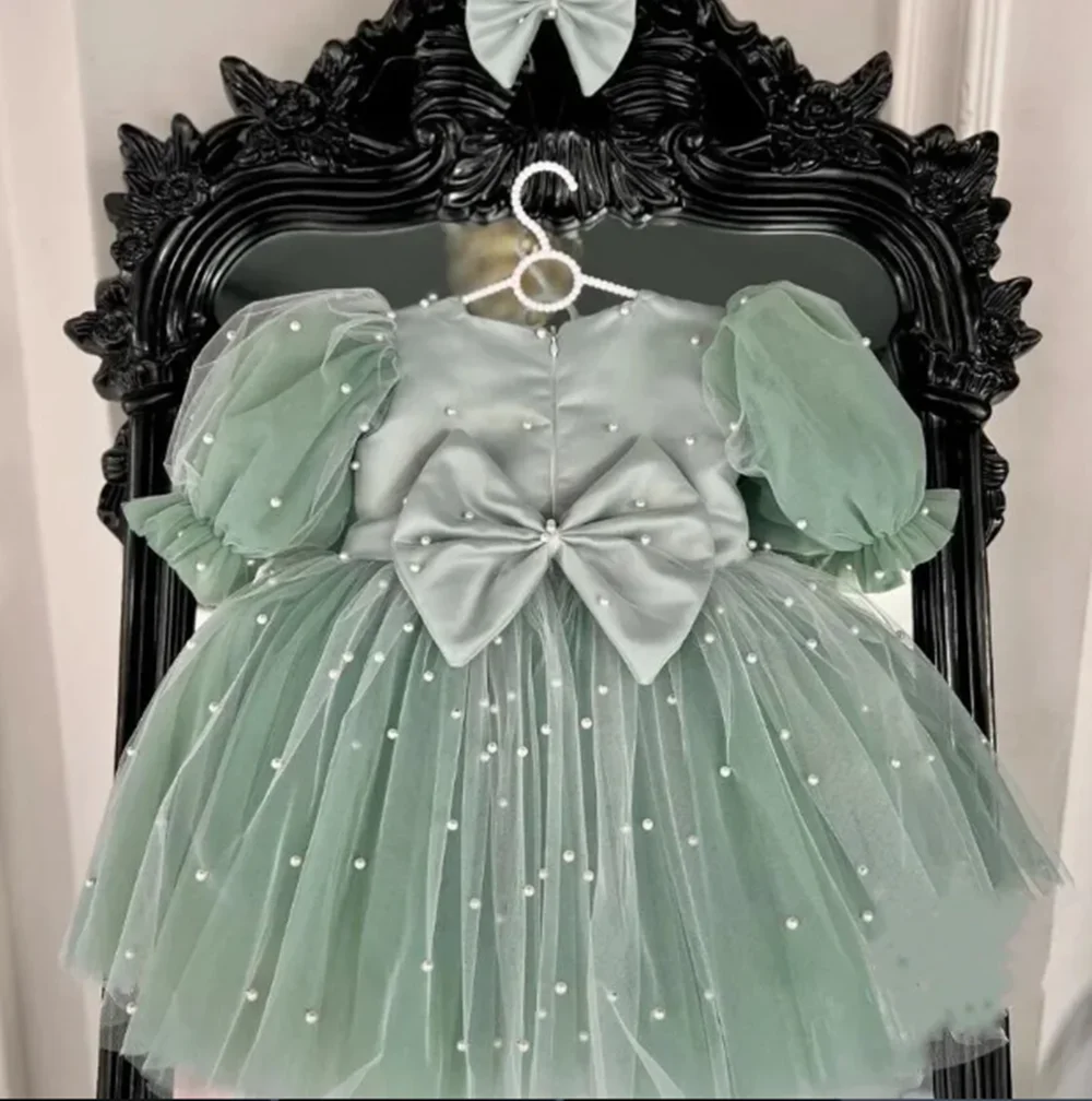 Vestidos de niña de flores verdes personalizados para boda, perlas, mangas cortas, lazo de perlas, fiesta de cumpleaños infantil, vestido de baile Formal para eventos