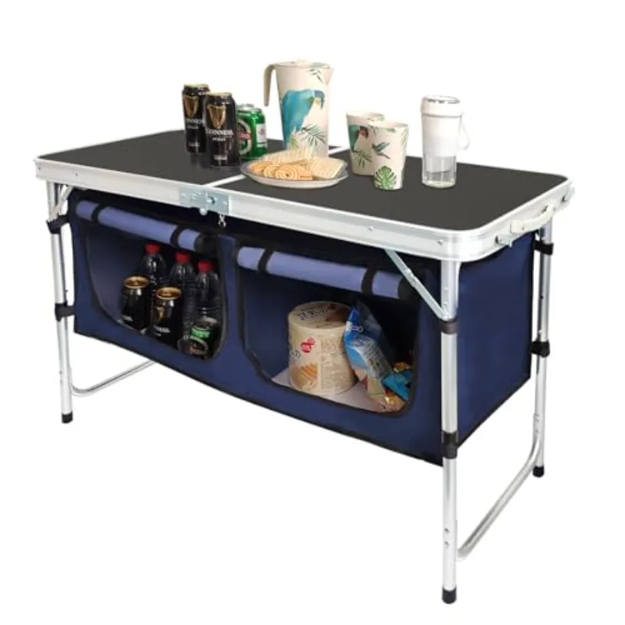 Outdoor Folding Table Aluminum Lightweight Height Adjustable with Storage Organizer for BBQ, Party, Camping