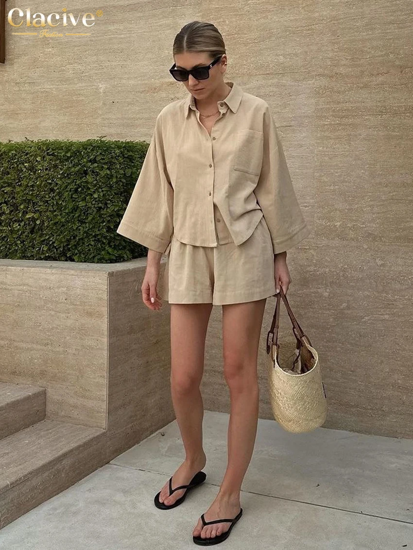 Clacive Elegant Loose Khaki Cotton 2 Piece Sets Women Outfit 2024 Fashion Long Sleeve Shirt With High Waist Shorts Set Female