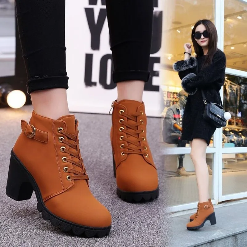 Pumps Boots Thick Heel Women\'s Shoes 2024 New Spring Heels Boots Side Zip Pu Leather Ladies Shoe Cross Straps Ladies Short Boots