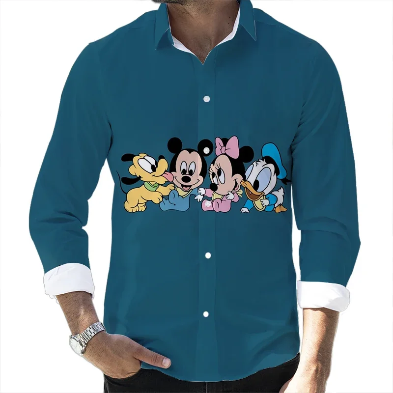 2023 Fall Hot Sale Casual Button Long Sleeve Shirt Disney Mickey Donald Duck and Goofy 3D Full Print Fashion Men\'s Lapel Top