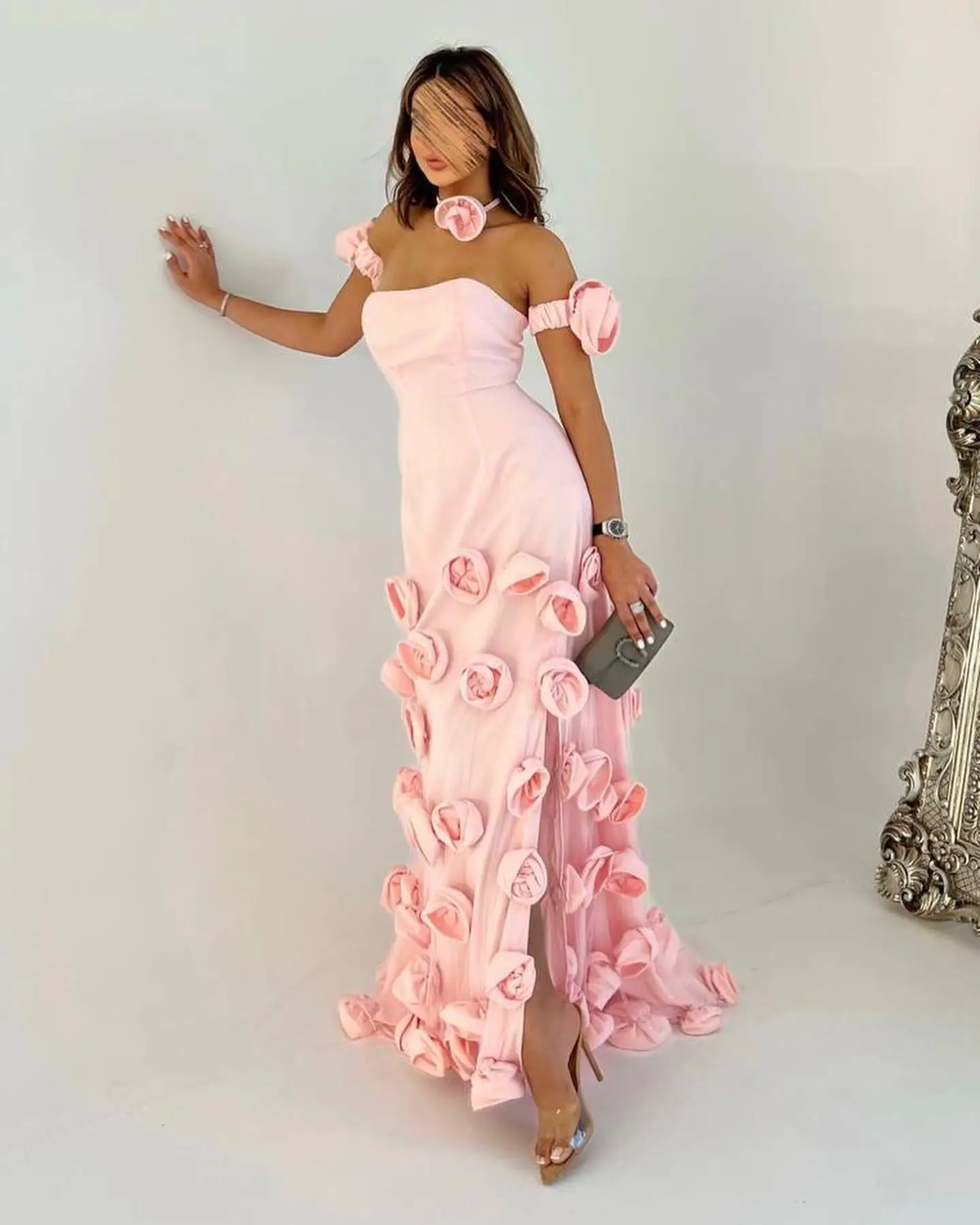 Jirocum 3D Flower Prom Dress Pink Fashion Strapless Party Evening Gown Floor-length Sexy Side Slit A-line Formal Occasion Gowns