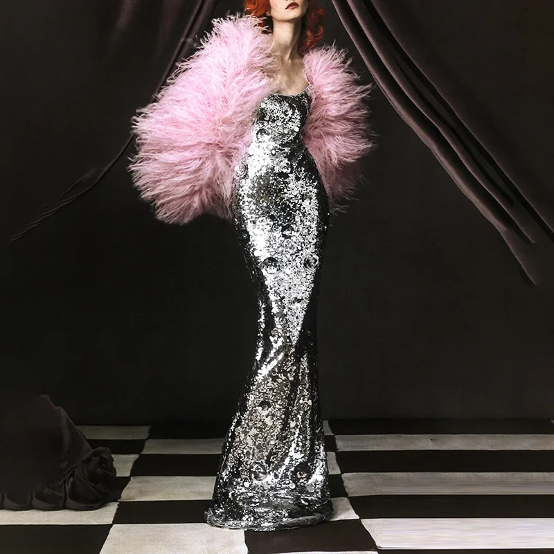 HKSH 夏の新しい女性の高級トレンディなドレススパンコールストラップノースリーブ背中の開いたセクシーなエレガントなファッションパンクスタイルロングドレス HK9043