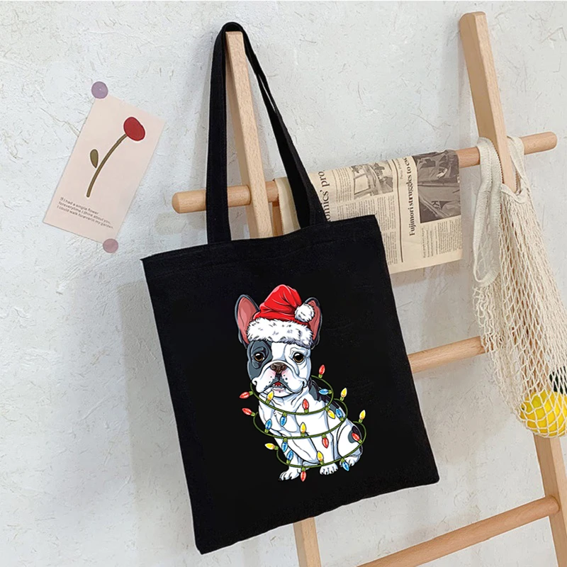 

French Bulldog Christmas Canvas Purses and Handbags Fashion Casual Shopper Shoulder Bag Women Designer Handbags Shopping Tote