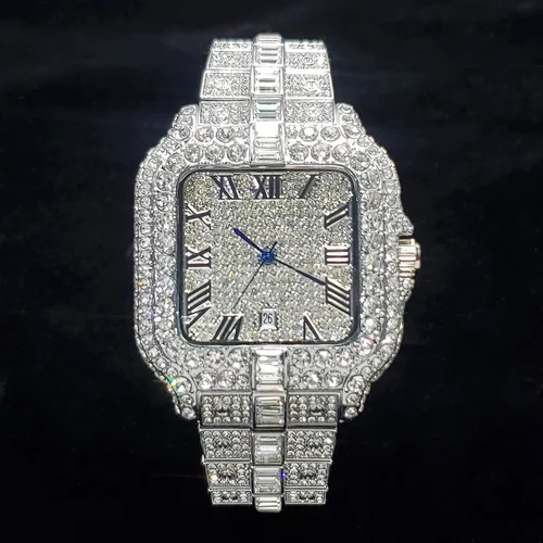 Imagen 1 del producto Reloj de lujo con diamantes para hombre, estilo Hip Hop, ostentoso, helado, cuadrado, de acero inoxidable, resistente al agua, 2024