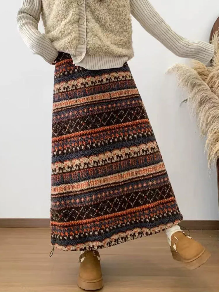 Vintage Faux Lamb Fleece Skirts Women Autumn Winter High Waist A-Line Skirts Harajuku Ethnic Style Warm Midi Skirts Female