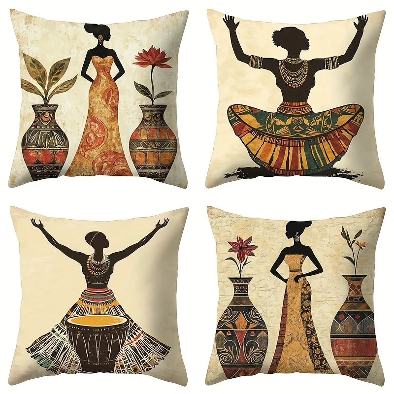 4pcs African lady pattern Single-sided printing Short plush Suitable for living rooms bedrooms sofas (excluding pillow cores)