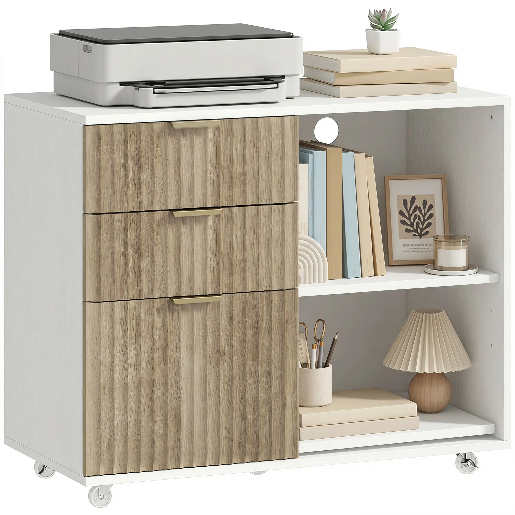 HOMCOM Mueble para Impresora con Ruedas 3 Cajones Barra Ajustable Blanco y Roble