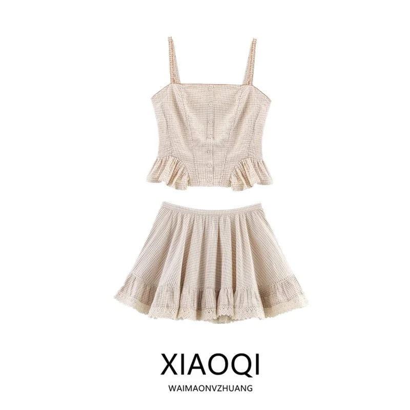 

Spring 2025 Women's Faion Set Decorative Plaid Strap Top f Skirt Layered Sle for Younger Women 25-35 Years Old