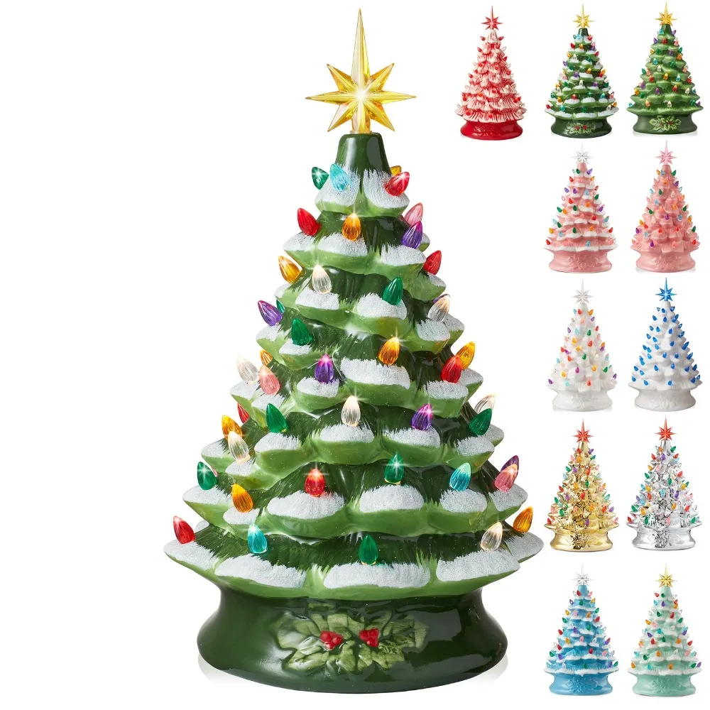 

15 Pre-Lit Ceramic Christmas Tree Hand-Painted Tabletop with Lights