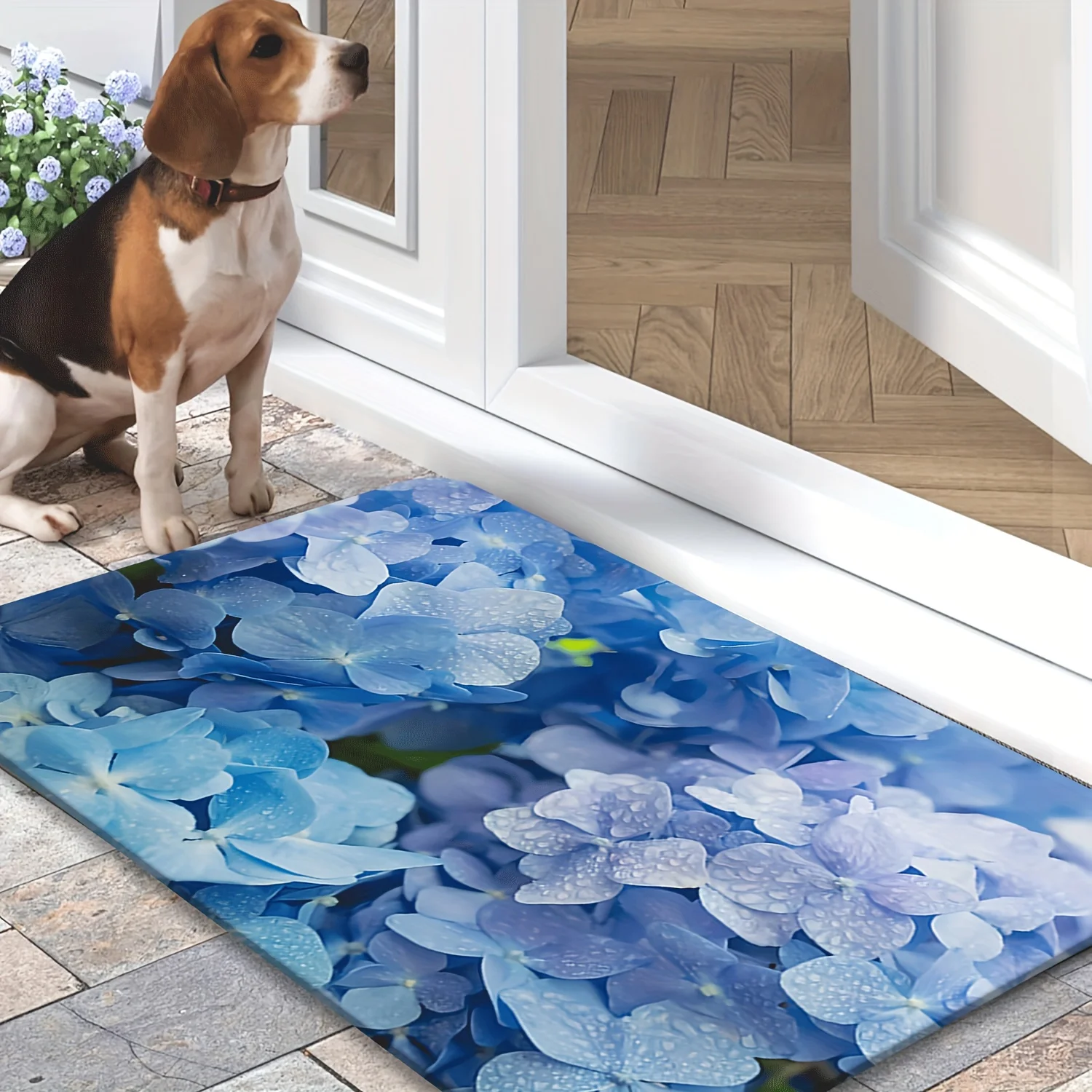 Stylish Blue Hydrangea Floral Pattern Doormat Waterproof Entryway Welcome Mat for Pet Dog Owner Bathroom Indoor Outdoor Rug Deco