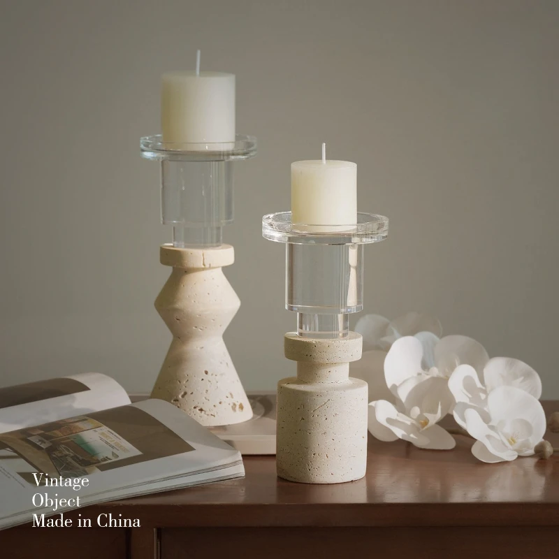 French Stone Candle Holder Glass Aromatherapy Decor Centerpiece for Dining Table Entryway Romantic Wedding Party Rustic White