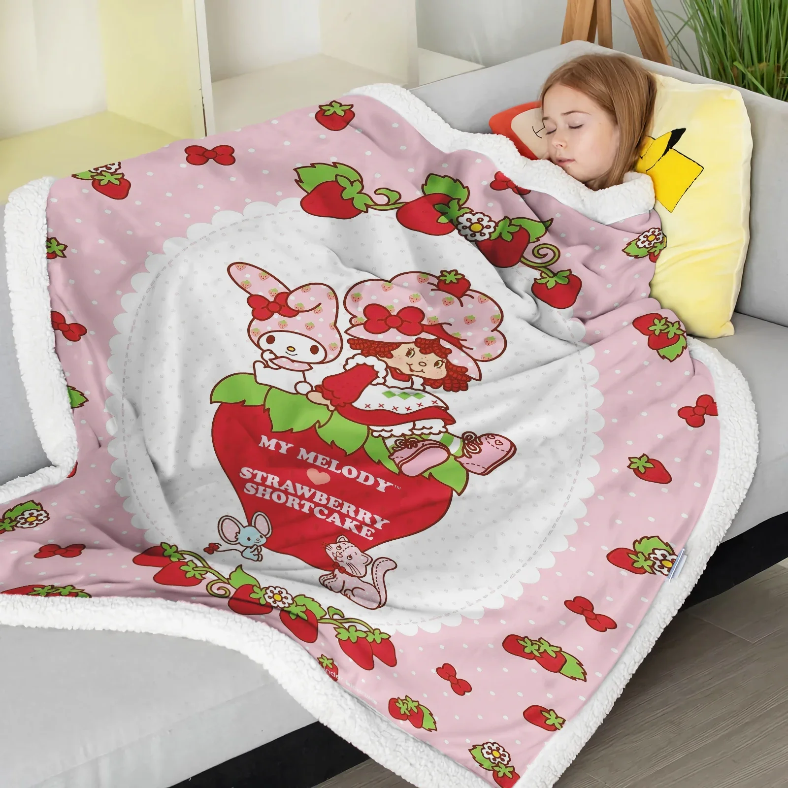 Cartoon Strawberry Shortcake Plush Blanket for Girls  Soft Furry Printed Nap Throw Cute Winter Gift for Kids