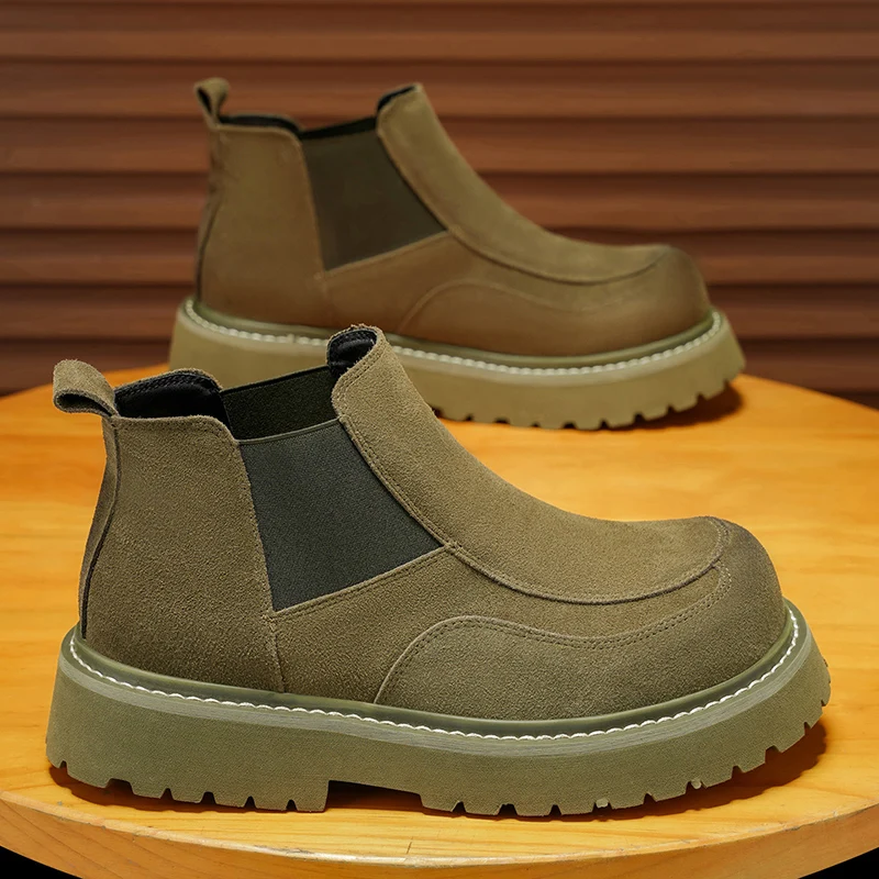 Men's Thick‑Sole Chelsea Ankle Boots 39‑44, Elastic Slip‑On Suede‑Look Short Boots, Winter Warm Casual Platform Men Footwear