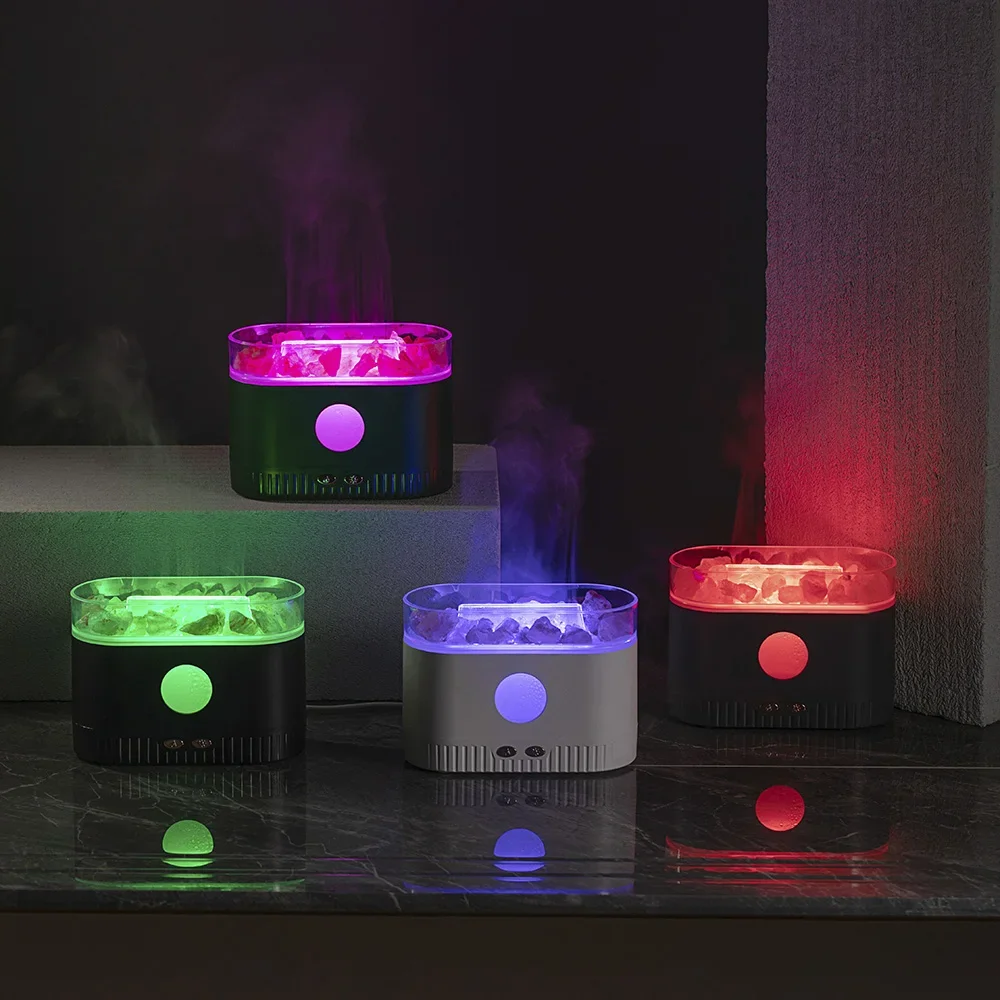 For Air Humidifier Ultrasonic Cool Mist Maker Fogger LED Essential Oil 3D Effect Flame Lamp with Himalayan Salt