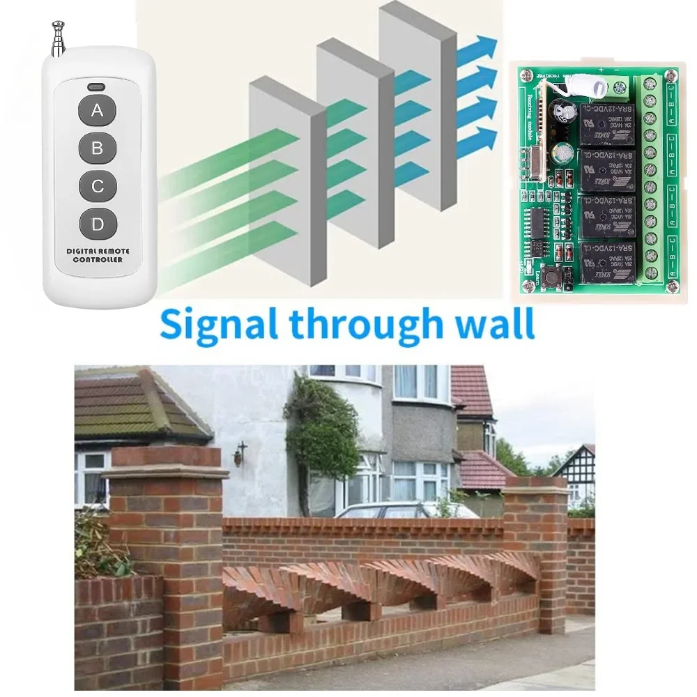 リモコン付きワイヤレスRFスイッチ,433MHz,12V DC,乾式接点,10Aリレー受信機,1000m送信機,ガレージドア用DIY,モーターLED