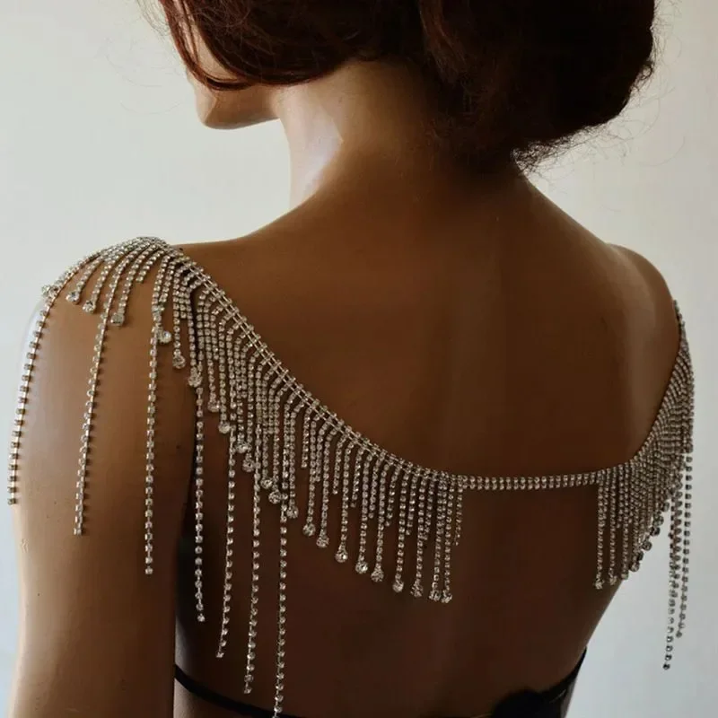 Shimmering Silver Shoulder Body Chain Exquisite Rhinestone Waterfall Tassels Symmetric Epaulet Jewelry For Glamorous Party Dress