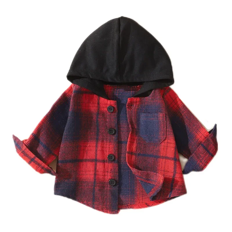 Baby Shirt Clothes Spring Autumn Blouses Clothing Fashion Infant Boy Girl Plaid Tops Kids Long Sleeves Hooded Shirt Coat