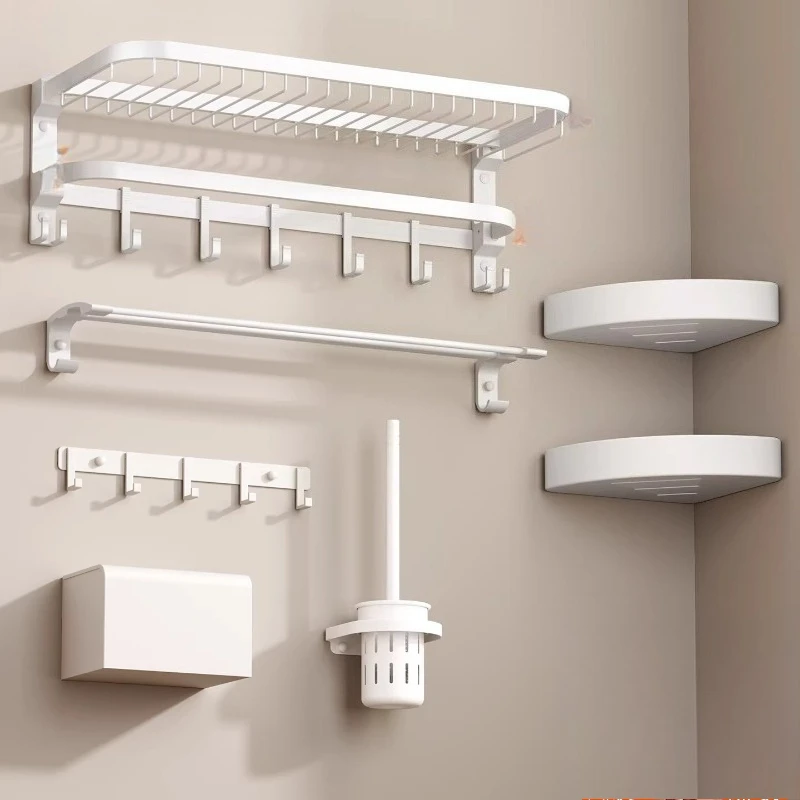 

Punching-free High-end Bathroom Storage Rack White Bathroom Towel Rack Space Aluminum Hardware Pendant