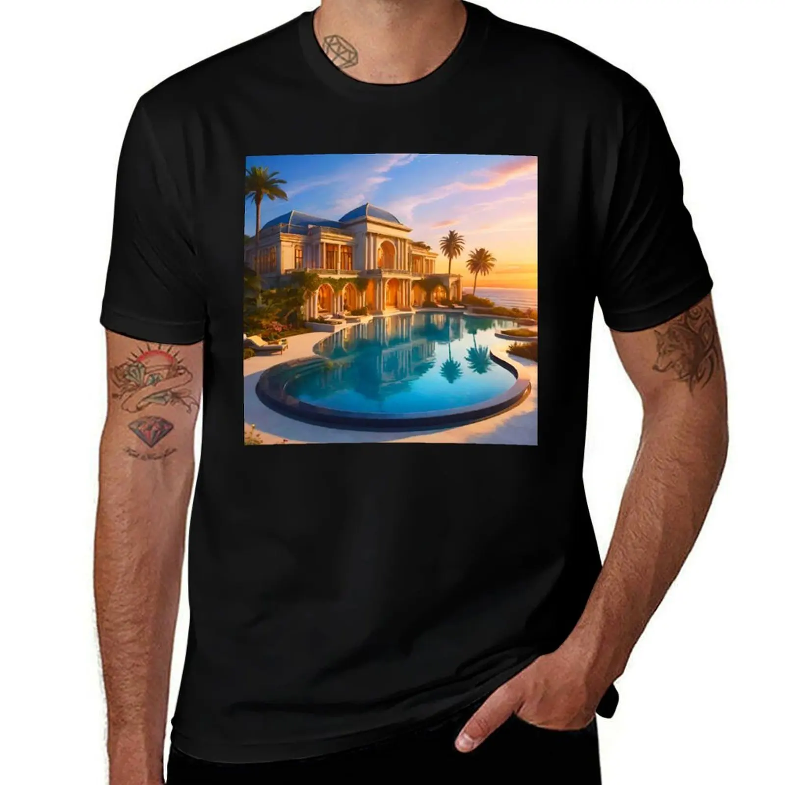 

Mega Mansion at Sunset – Poolside Luxury Dreamscape T-Shirt anime t shirts blanks mens graphic t-shirts funny