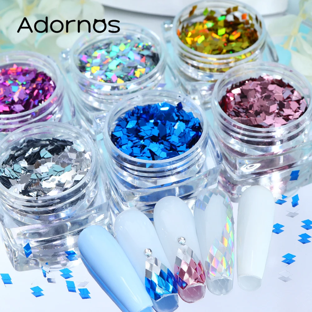 6 Pcs Holographic Glitter Rhombus Sequins Nail Charms Accessories Sparkling Diamond Shape Design Flakes DIY Nail Art Decorations