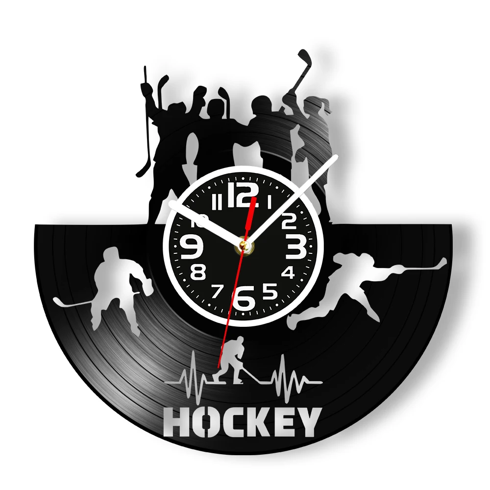 Ice Hockey Athlete Silhouette Vinyl Record Wall Clock for Man Cave Living Room Cut Out Music Album Decorative Silent Wall Clock