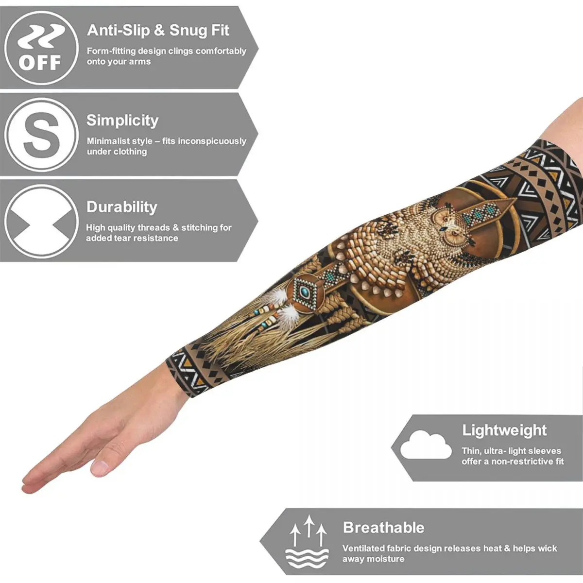 Native American Owl Tribal Arm Sleeves Men Women Sun UV Protection Tattoo Cover Up Sports Cooling Cycling