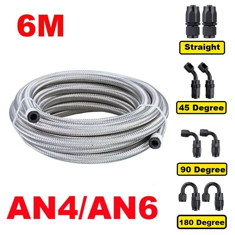 20FT 6M AN4 AN6 Stainless Steel Braided CPE Rubber Car Fuel Hose Line 0/45/90/180 Degree Hose End Fitting Adapters Hose Line Kit