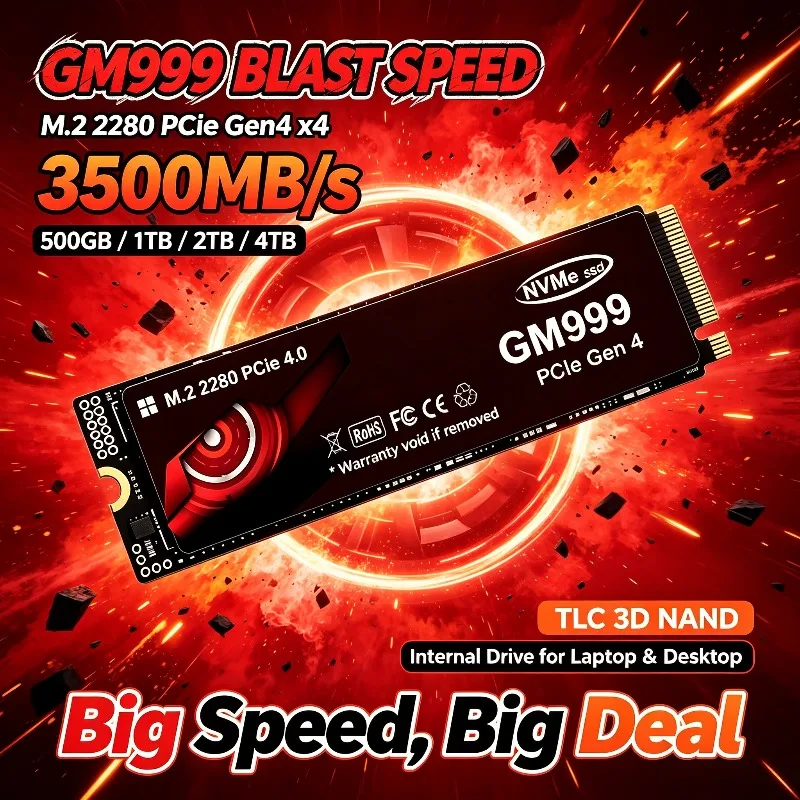 GM999 M.2 2280 NVMe SSD 500GB 1TB 2TB 4TB PCle 4 3500MB/s TLC 3D NAND Internal Solid State Drive Hard Disk for Laptop Desktop