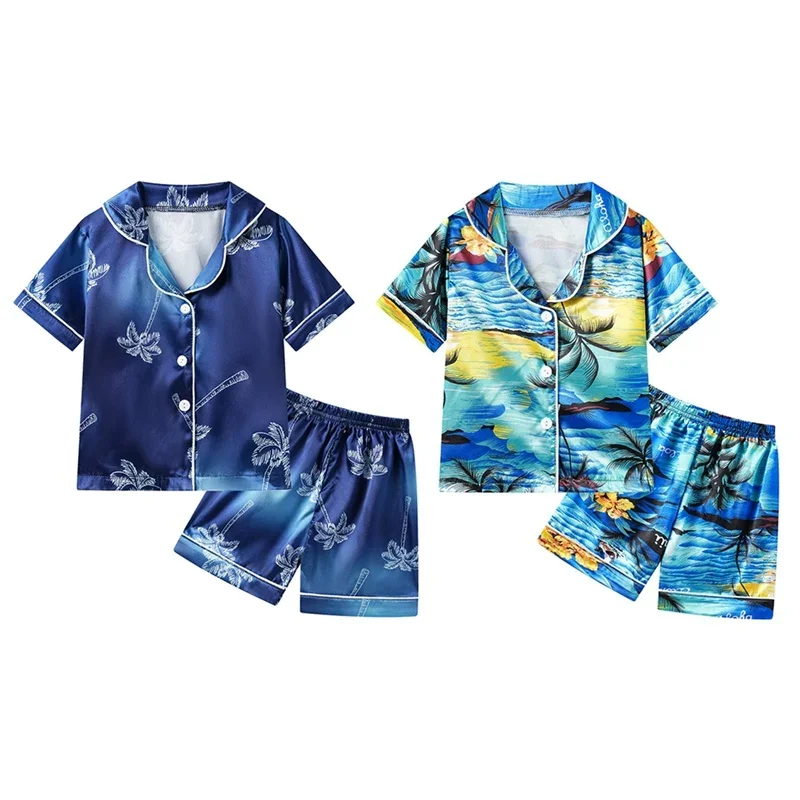 

Летние охлаждающие пижамные комплекты из ледяного шелка для детей, для маленьких мальчиков и девочек, пляжная домашняя ночная рубашка для отеля, одежда для сна для детей, малышей, школы