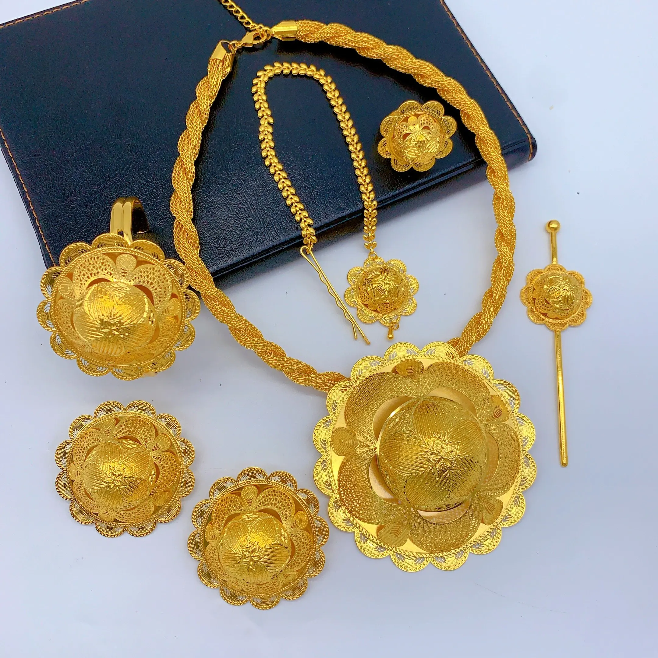 Ethiopian 24k Gold Plated Jewelry Set For Woman 6PCS Dubai African Indian Big Pendant Necklace Wedding Engagement Party Gifts