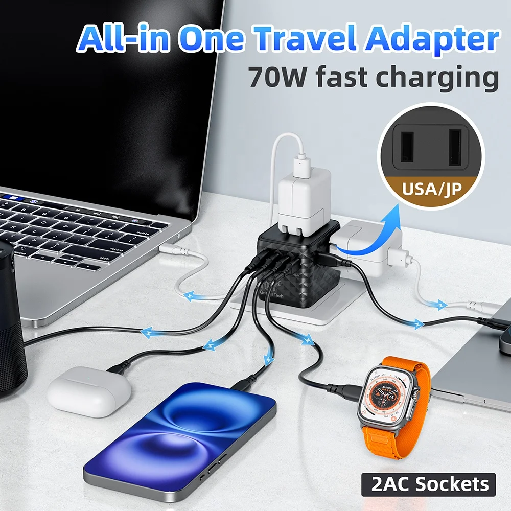 Multi-Plug Travel Charger GaN 70W International Worldwide Universal Travel Adapter for Multiple Devices