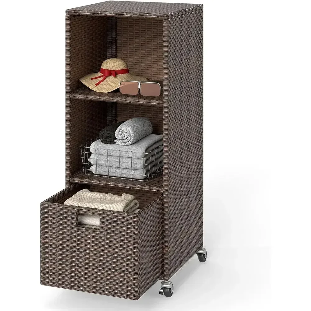 Outdoor Storage Cabinet with Rattan Towel Rack on Wheels, Shelves, and Drawer for Patio, Deck, and Garden Accessories