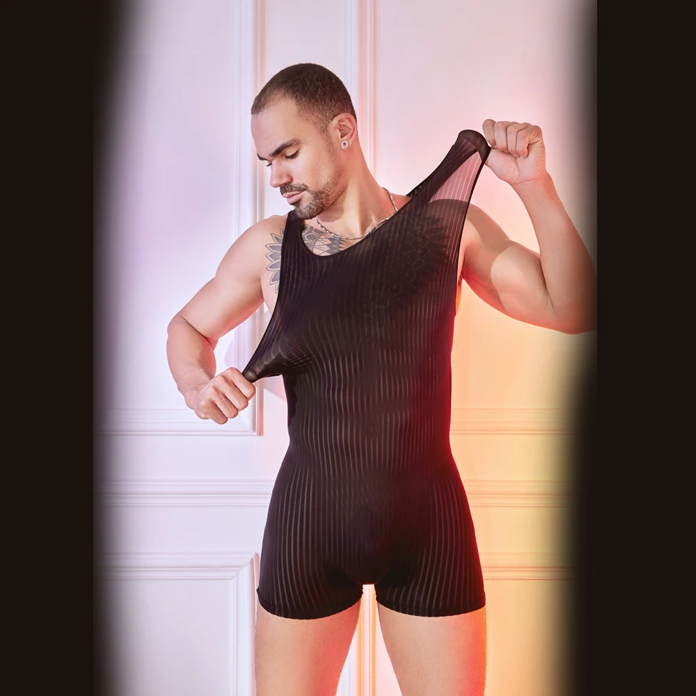 Sexy Men Stripe Oil Glossy Shiny Bodysuit Sheer See Through Yoga Tights Elastic Shaping Leotard Jumpsuit Shaper Tank Top