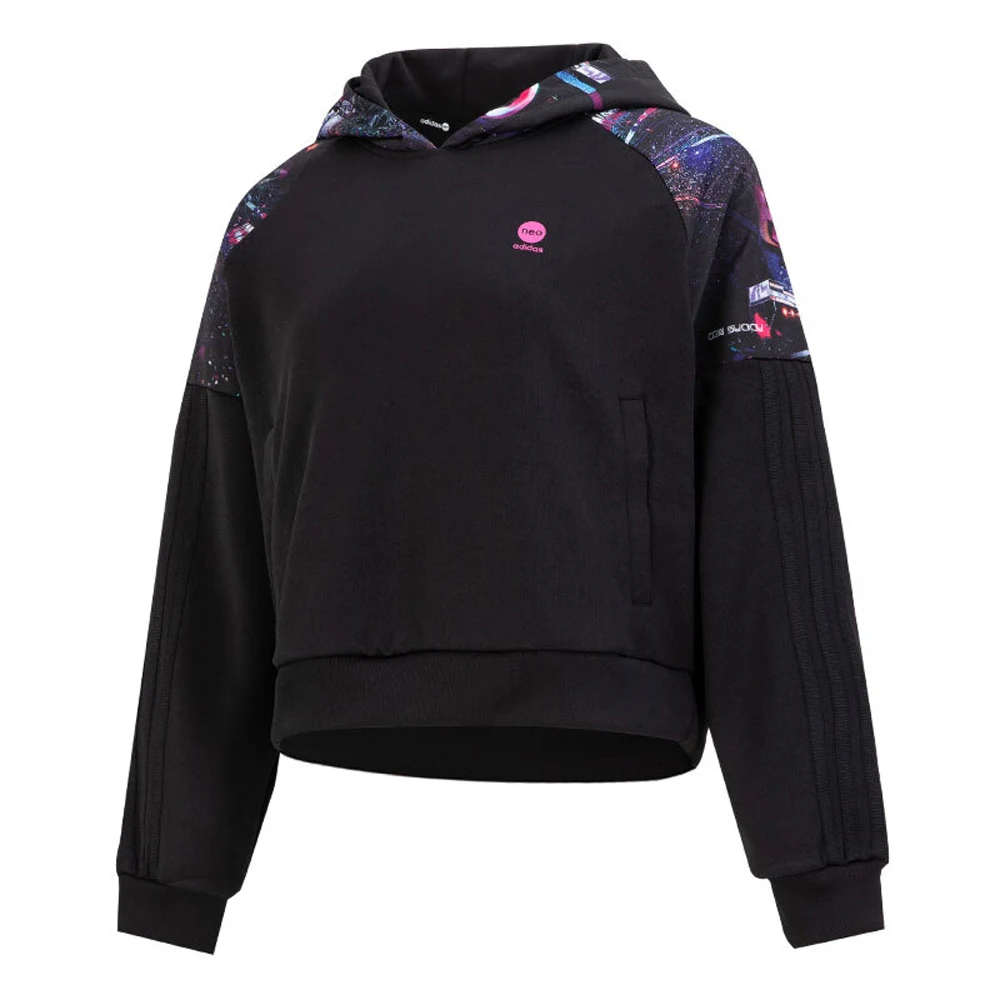 Adidas Originals Line Stylish Black Hooded Sweatshirt Unique Panel Design Short Length For Daily Trendy Outfits