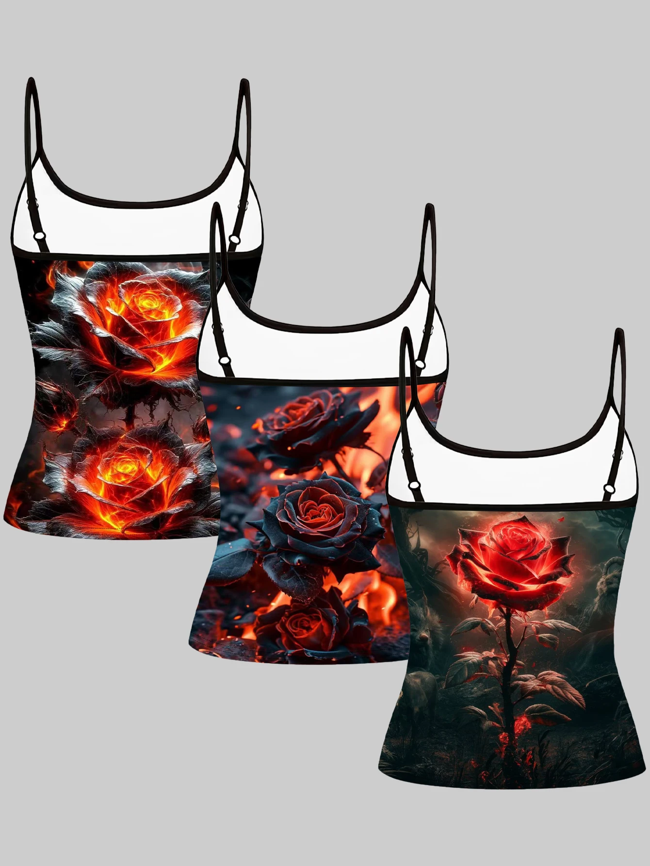 3-Piece Set of Flame Rose Print Camisole Tops for Women, Dark Gothic Style Slim Fit Sleeveless Base Layer Tops