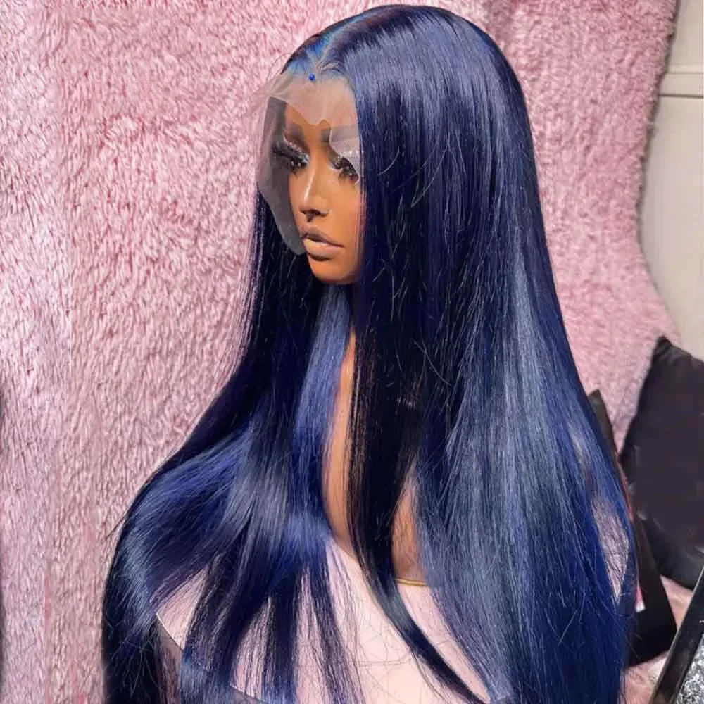 Wig renda dalam 26 inci lurus halus tanpa lem panjang dengan ketebalan 180 biru lembut untuk wanita dengan rambut bayi prepped harian